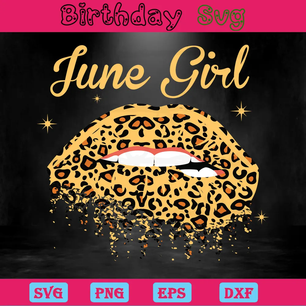 June Girl Leopard Lips Clipart Happy Birthday Banner, Vector Files Invert