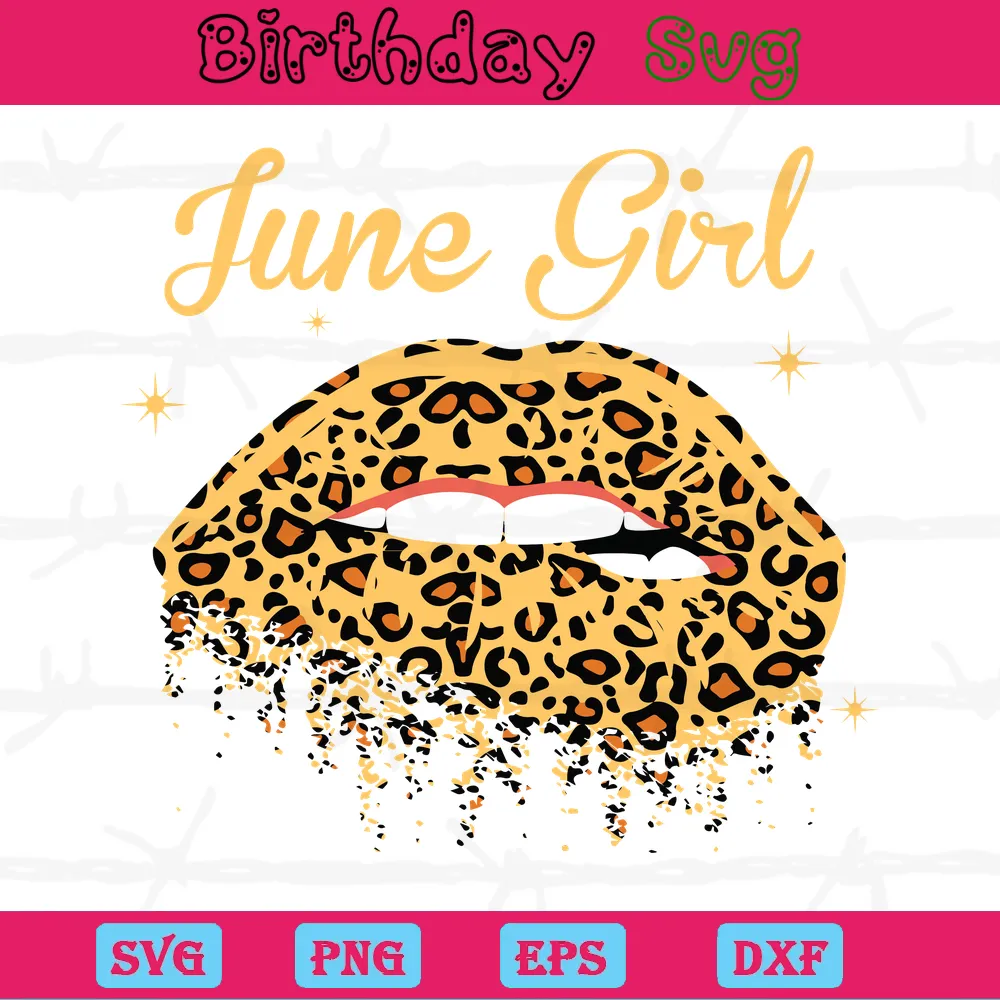 June Girl Leopard Lips Clipart Happy Birthday Banner, Vector Files
