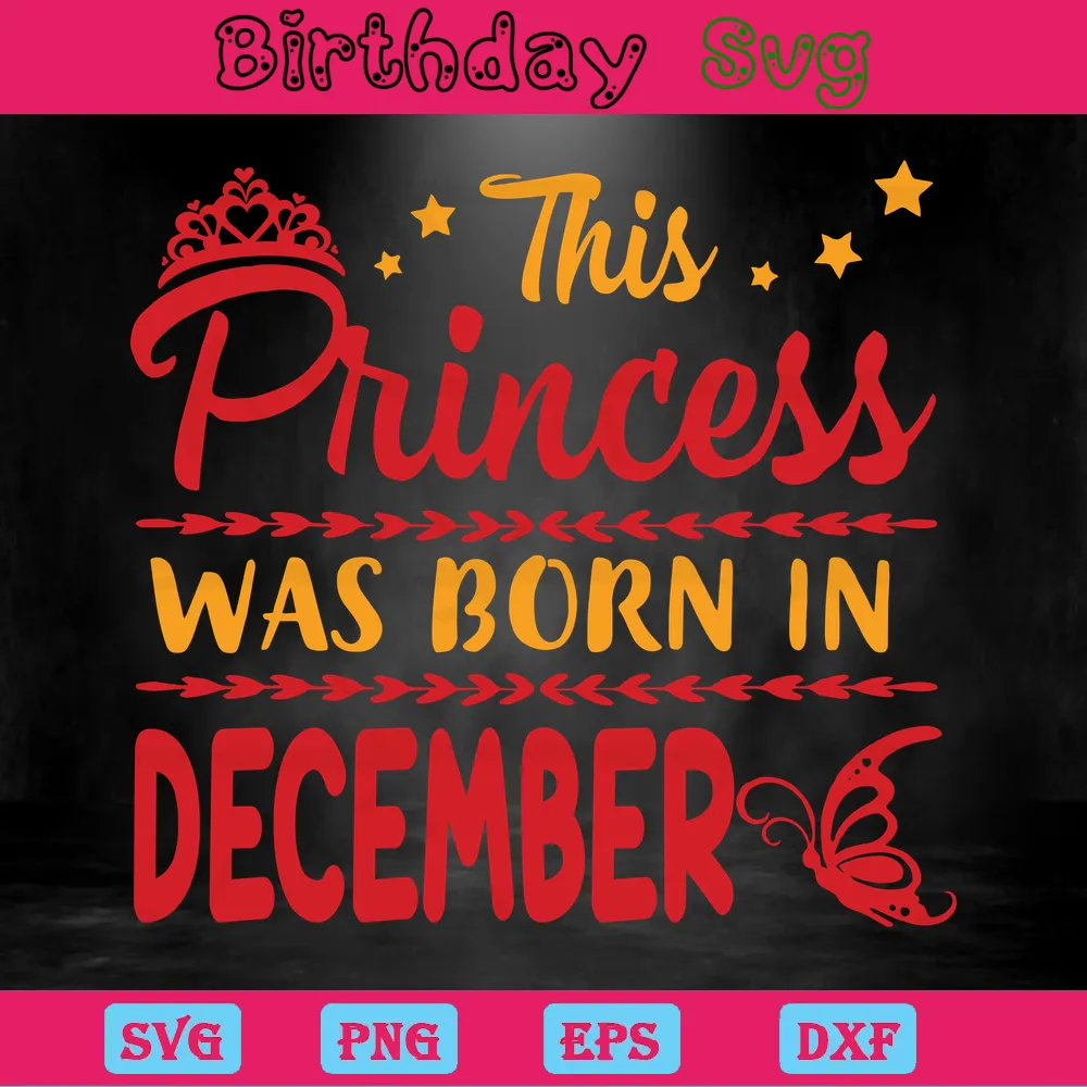 This Princess Was Born In December Happy Birthday Banner Clipart, Vector Files Invert